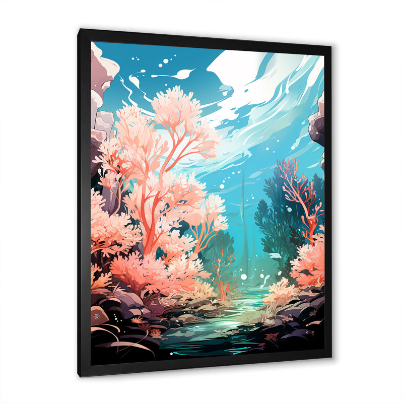 Pop Art fond marin corail Spectacle - art mural corail, Cadre simple noir, H 20 po x l 12 po x P 1 po