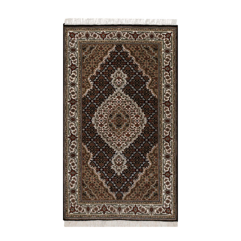 Tapis oriental noué à la main 3 pi 2 po x 5 pi 4 po Tabriz Mahi avec médaillon de poisson, 100% laine, 175 KPSI