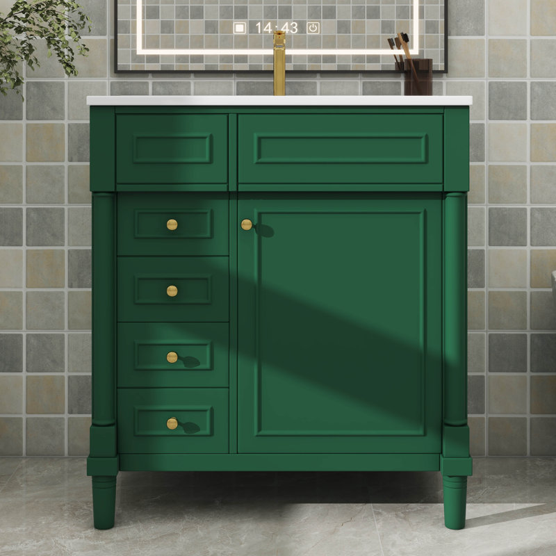 Meuble-lavabo de 30 po avec lavabo, meuble de rangement moderne avec 2 tiroirs, 1 tablette réglable et 1 porte à fermeture en douceur, meuble-lavabo autoportant