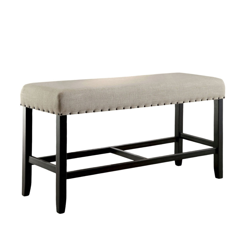 Banc à hauteur de comptoir au design rustique avec revêtement beige et base en bois pour garniture en lin de style repas