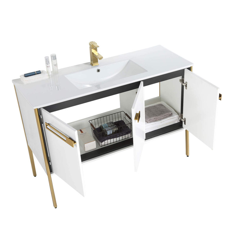 48" Single Bathroom Vanity, White Matte, Satin Brass
