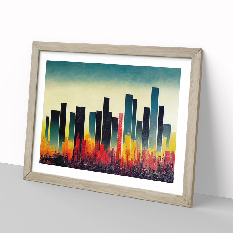 Dreamlike Skyscraper Skyline Abstract - Single Picture Frame Painting, 46cm H x 64cm W x 2cm D, Oak