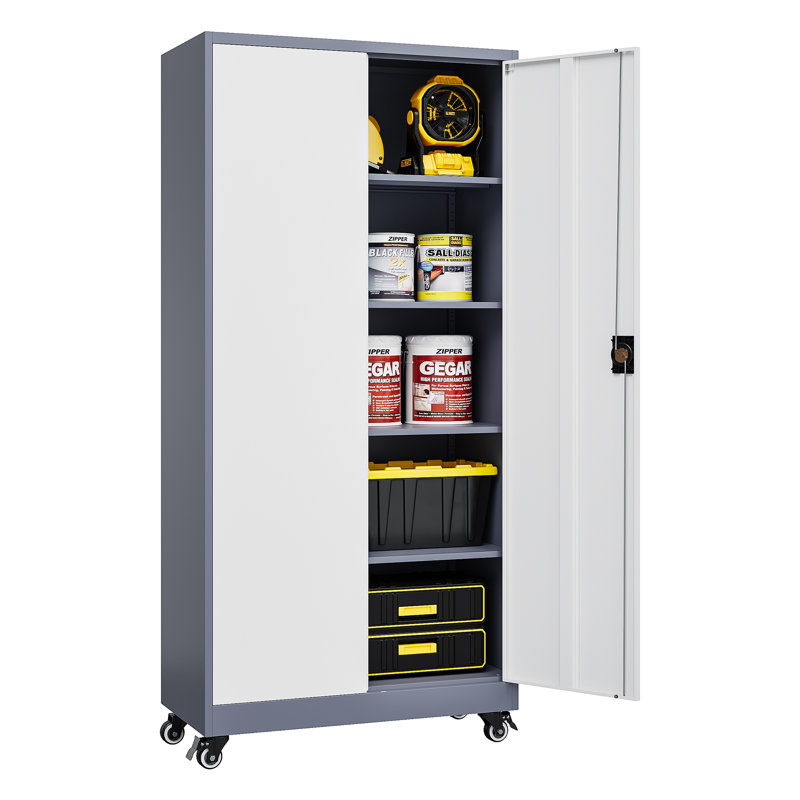 Armoire de rangement verrouillable en acier à 5 niveaux avec roulettes (H 74,5 po x l 31,5 po x P 15,75 po), Gris / Blanc