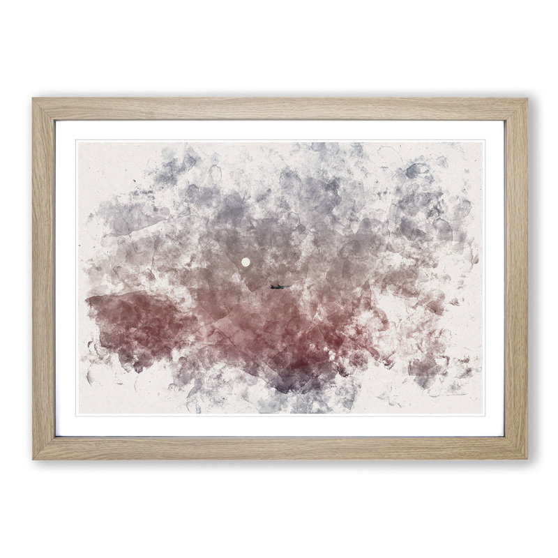 Airplane Passing The Moon Watercolour - Single Picture Frame Print on MDF, 40cm H x 60cm W x 2cm D, Oak Framed