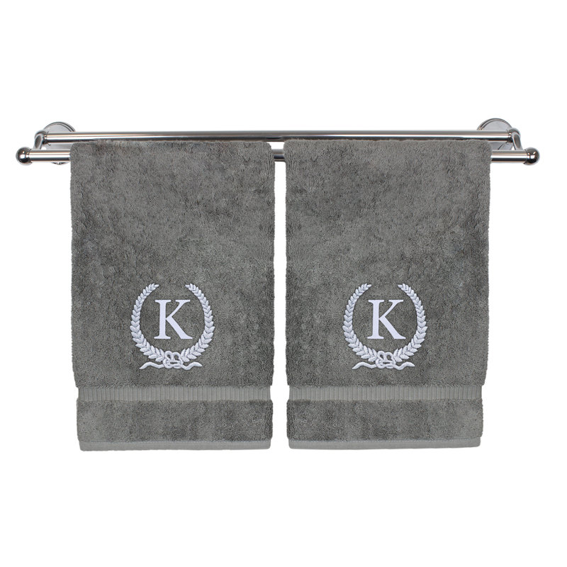 Essuie-mains monogramme - ensemble de 2 - lettre de conception de couronne, K, Gris / Argent
