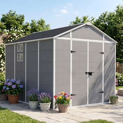 8 ft. W x 10 ft. D Resin Outdoor Storage Shed with Floor, Plastic Waterproof Garden Tool Shed with Sloping Roof and Double Door