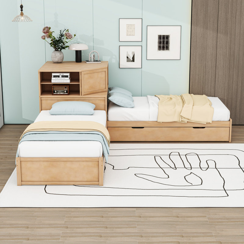 Lit plateforme simple en bois avec tiroirs de rangement, lit gigogne et bureau, Naturel