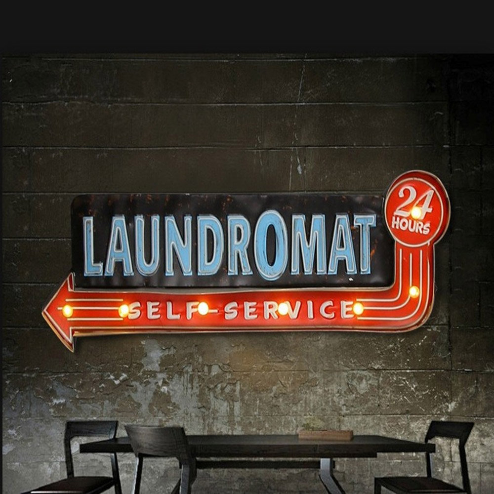 Vintage Light LED Metal Hanging Sign LAUNDROMAT Laundry Shop Art Wall Decoration Trinx
