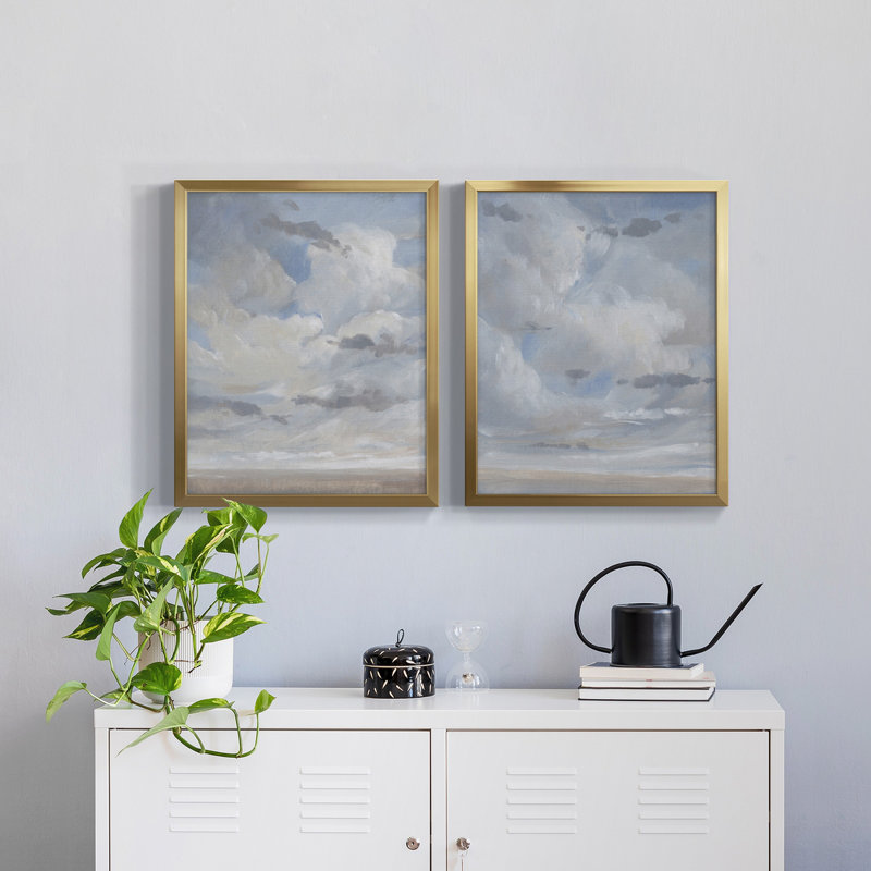 Bleu ciel I, toile encadrée de qualité supérieure - prête à être accrochée, Papier avec cadre doré