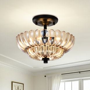 Chloe Modern 3-Light Black Semi Flush Mount - Amber Textured Glass Bowl Shade