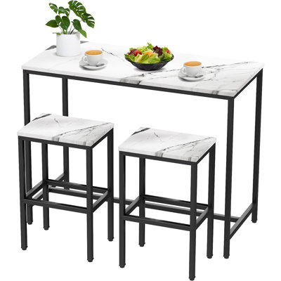 Bar Table Set,44" White Faux Marble Top Bar Table And Chairs Set,Counter Height Bar Table With 2 Bar Stools,3 Piece Kitchen Breakfast Table For Living Room Dining Room Apartment