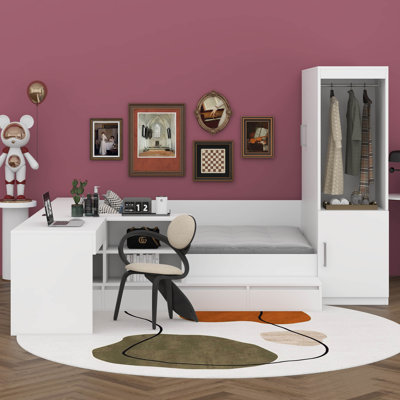 Full Size Platform Bed With 6 Storage Drawers, Wooden Daybed With Desk, Sheves And Wardrobe