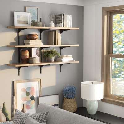 Étagère à livres flottante 48 "x 10" avec supports en métal réglables, tablette suspendue pour mur, tablettes en bois véritable de 1 po d'épaisseur, tablettes de salle de lavage, tablettes de rangement de cuisine, tablettes de salon, tablettes murales, décor de maison de campagne et rustique, brûlé, 3 Niveau