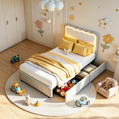 Twin Bed Frame with LED Lights, Irregular Wave Upholstered Platform Bed with 2 Storage Drawers, No Box Spring Needed, MDF & Fabric