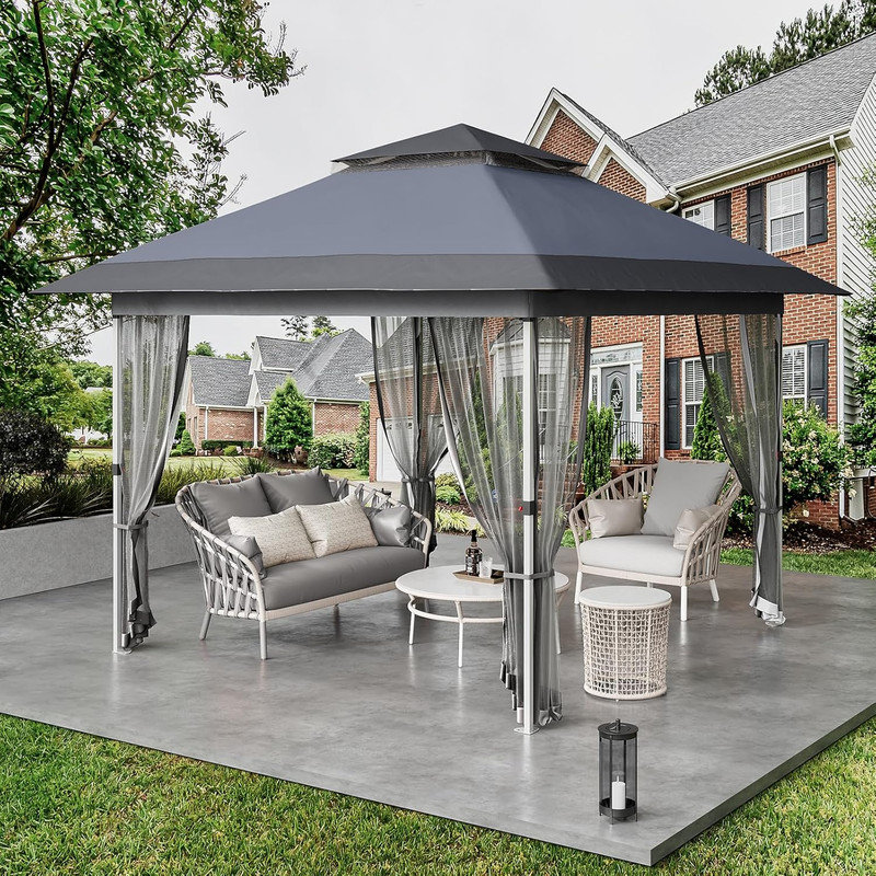 12x12 ft Pop-Up Canopy Gazebo with Mosquito Netting & Curtains, 2-Tier Vented Top, UPF 50+ UV Protection for Patio, Backyard, Party, Camping