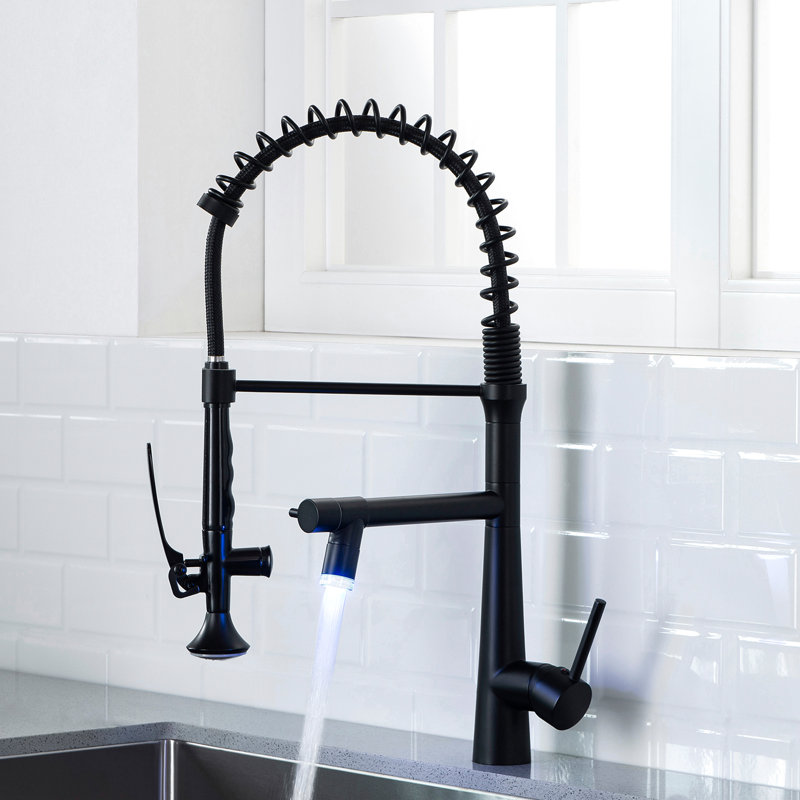 Heavy Duty Matte Black Kitchen Faucet - Commercial Style With Pull Down Spring And Single Handle Pre-Rinse Diverter
