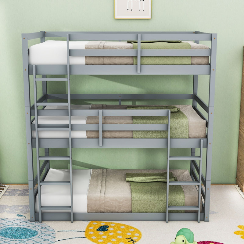 Triple Twin Over Twin Over Twin Bunk Bed With Detachable Design And Built-In Safety Features, Gray