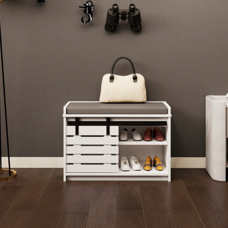 Banc de rangement polyvalent pour chaussures avec porte coulissante et teinture - Blanc