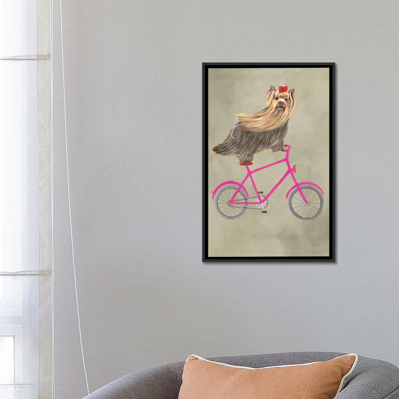 «Yorkshire on Bicycle», reproduction d'art sur toile, H 26 po x l 18 po x P 1,5 po, Toile avec cadre noir, Pas de tapis