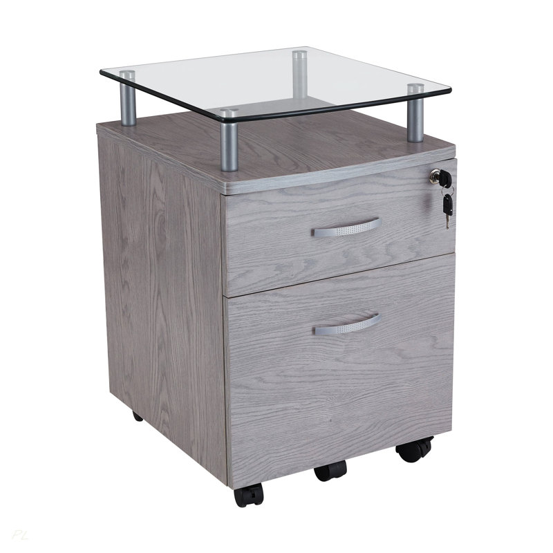 Classeur à roulettes avec plateau en verre, gris, Gray