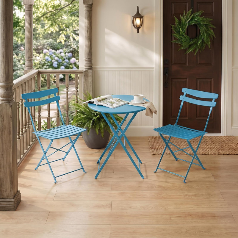 Ensemble bistro 3 pièces pliable avec structure en acier - table de patio compacte et 2 chaises, mobilier d'extérieur peu encombrant pour balcon ou jardin