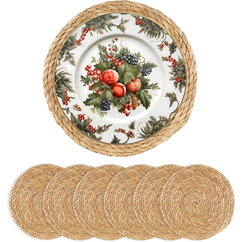 Round Woven Placemats Set Of 6 - Boho Rattan Water Hyacinth Placemats For Dining Table, Farmhouse Rustic Braided Wicker Table Mats For Home And Wedding Decor