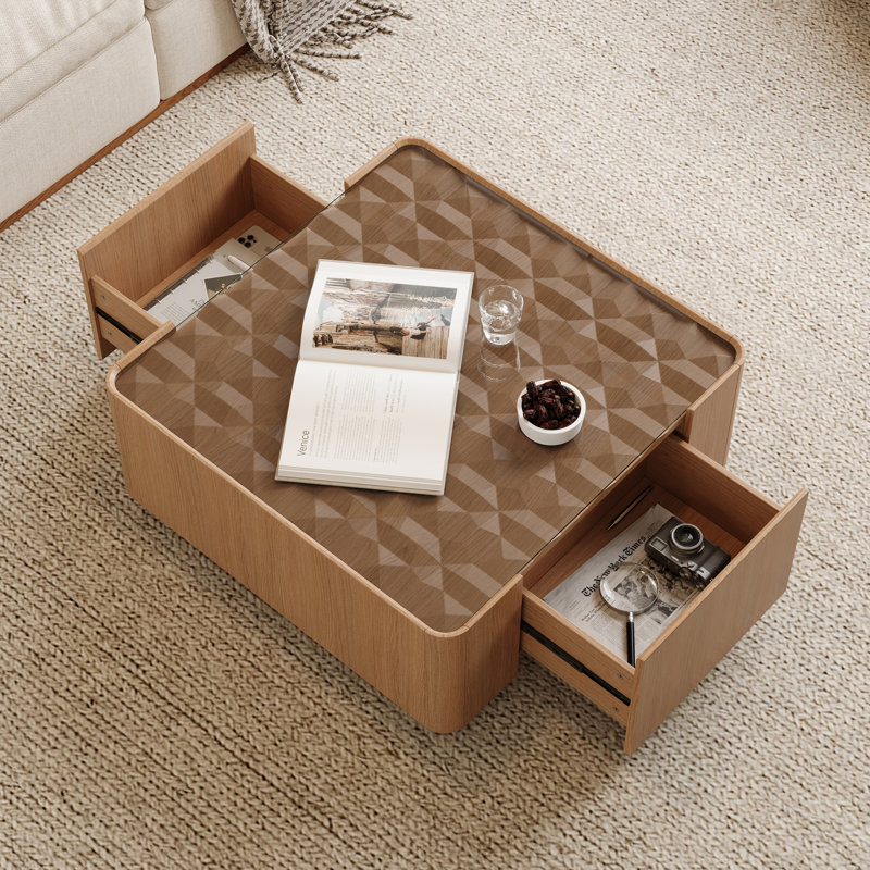 Table basse carrée avec 2 tiroirs et plateau en verre