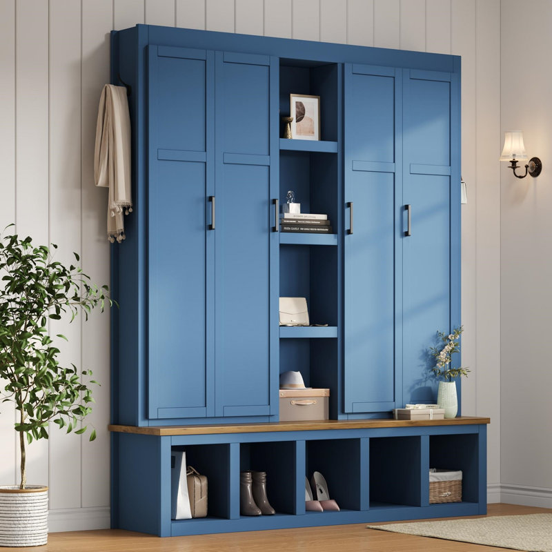 James 62.9" Farmhouse 4-in-1 Hall Tree with Shoe Bench & Hooks, Blue
