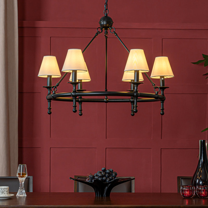 Abdijabar 6 Light Farmhouse Wagon Wheel Chandelier With Shade For Dining Room, Matte Black