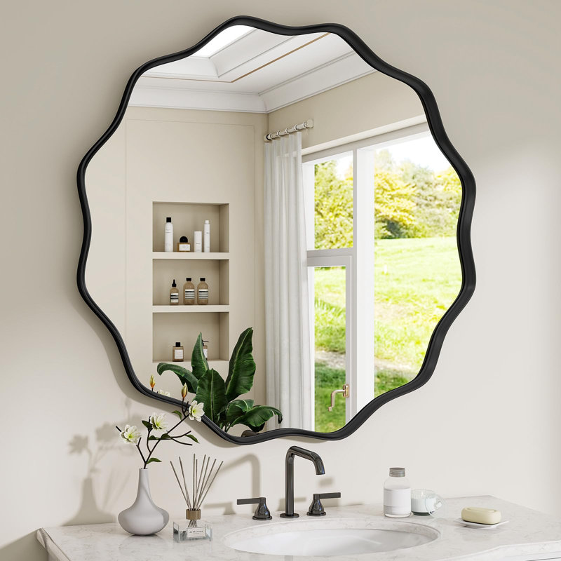 Wavy Round Bathroom Wall Mounted Mirror Vanity  Makeup Mirror with Deep Frame, 24" x 24", Black