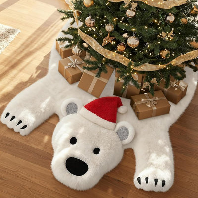White Polar Bear Faux Fur Christmas Tree Skirt, 3D Plush Bear Design with Santa Hat for Festive Holiday Décor