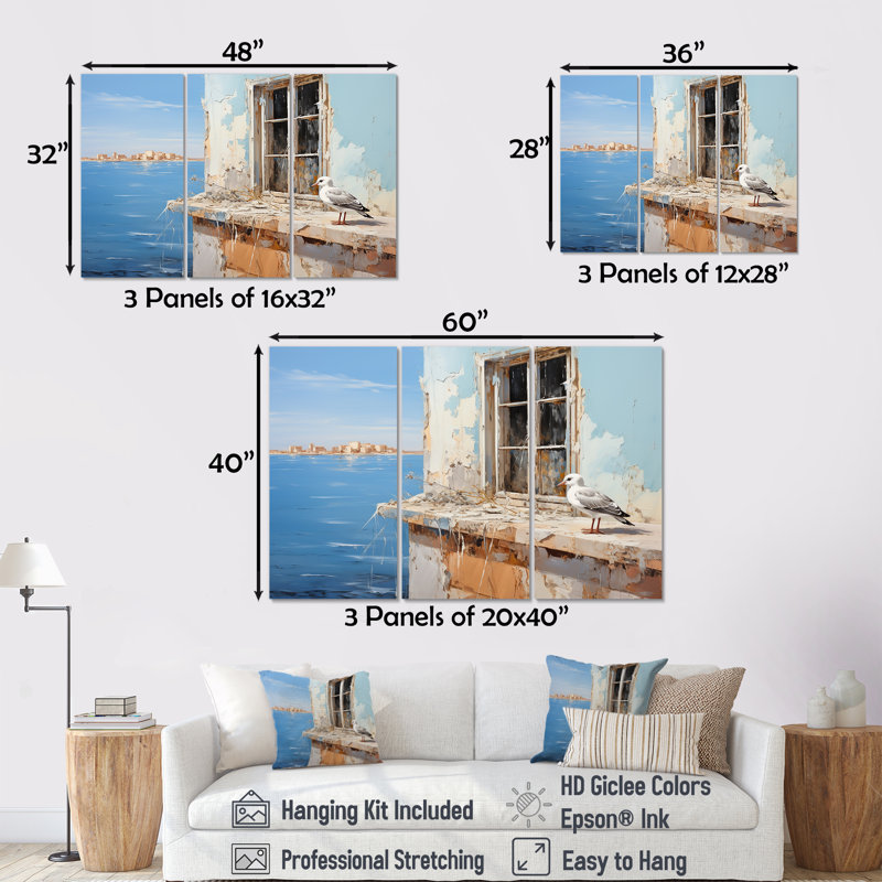 «Seagulls Perch Horizon II - Coastal Windows», art mural, H 28 po x l 36 po x P 1 po, Toile tendue