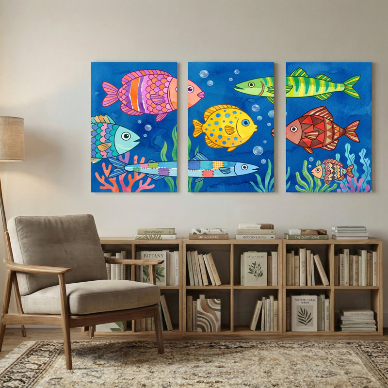Animals Colorful Fish Underwater Scene Pattern Print Set of 3 Canvas Wall Art Prints, 24" H x 48" W