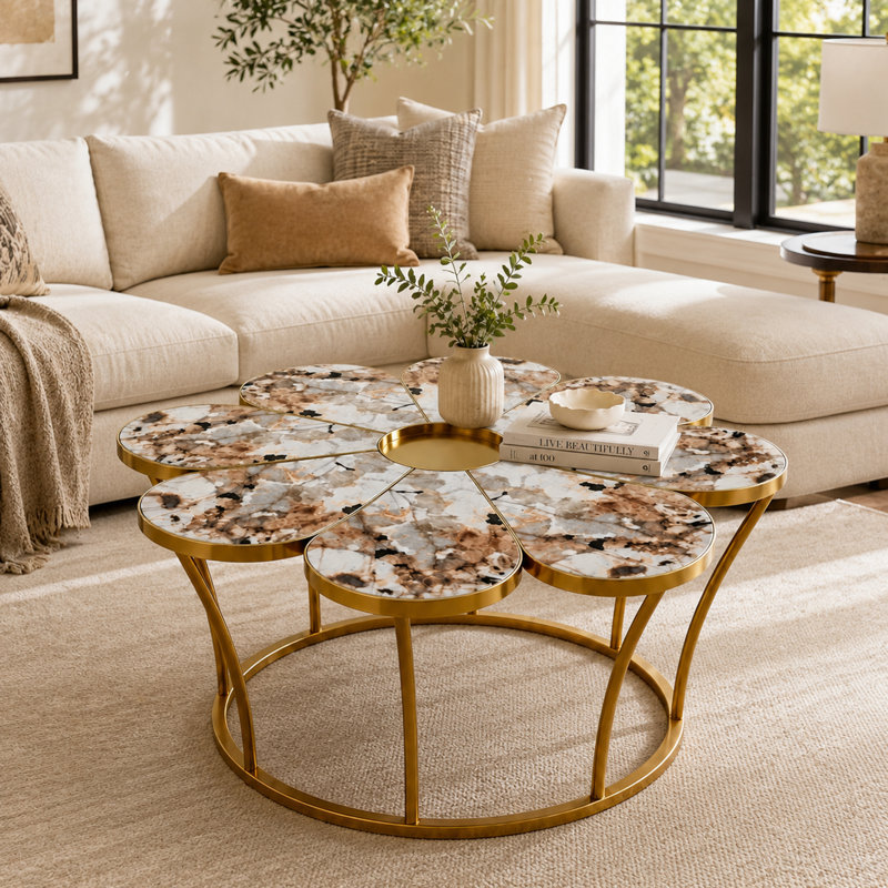 39" Modern Glam Flower Shaped Coffee Table, Sintered Stone Top with Gold Stainless Steel Base