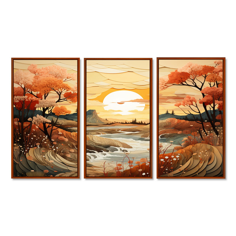 Ensemble de salon art oranges orange coucher de soleil coucher de soleil - forêt et rivière, Cadre flottant brun