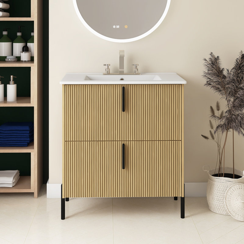 Meuble-lavabo 30 po avec lavabo en céramique et tiroirs pleine extension, Brun