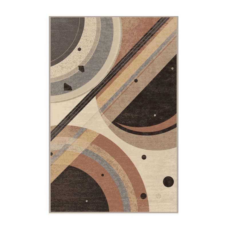 Soft Plush Polett Planetary Rings Modern & Contemporary Geometric Shapes Area Rug in Brown – Beige Binding, 7x9