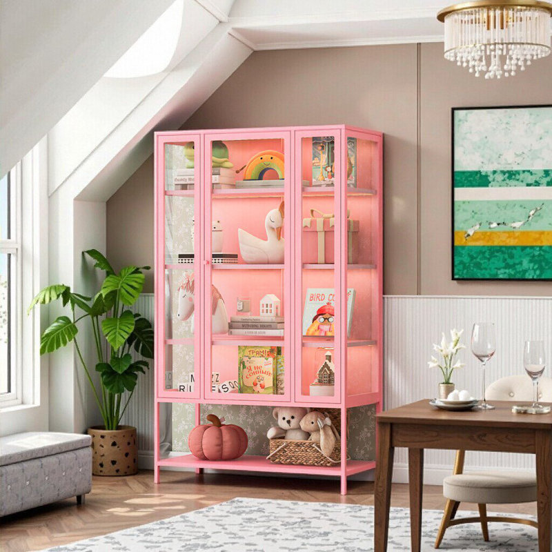 67.25" Tall Three-Sided Glass Display Cabinet With LED Lights & Adjustable Shelves, Pink