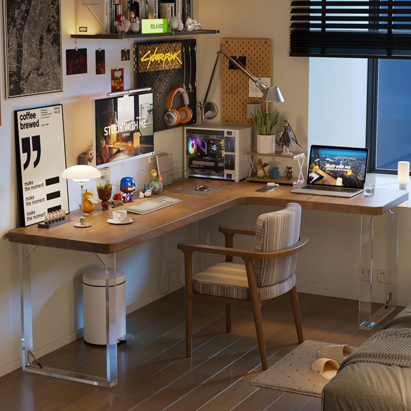 Bureau en L en bois massif avec base en acrylique, H 29,53 po x l 70,87 po x P 47,24 po