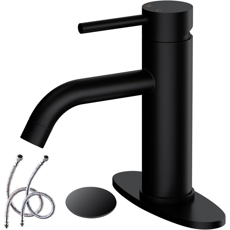 Modern Single-handle Bathroom Faucet with Drain Assembly, Matte Black