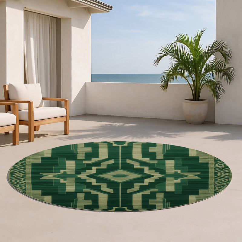 ArtDeco Green Indoor and Outdoor Area Rug, Round 5'