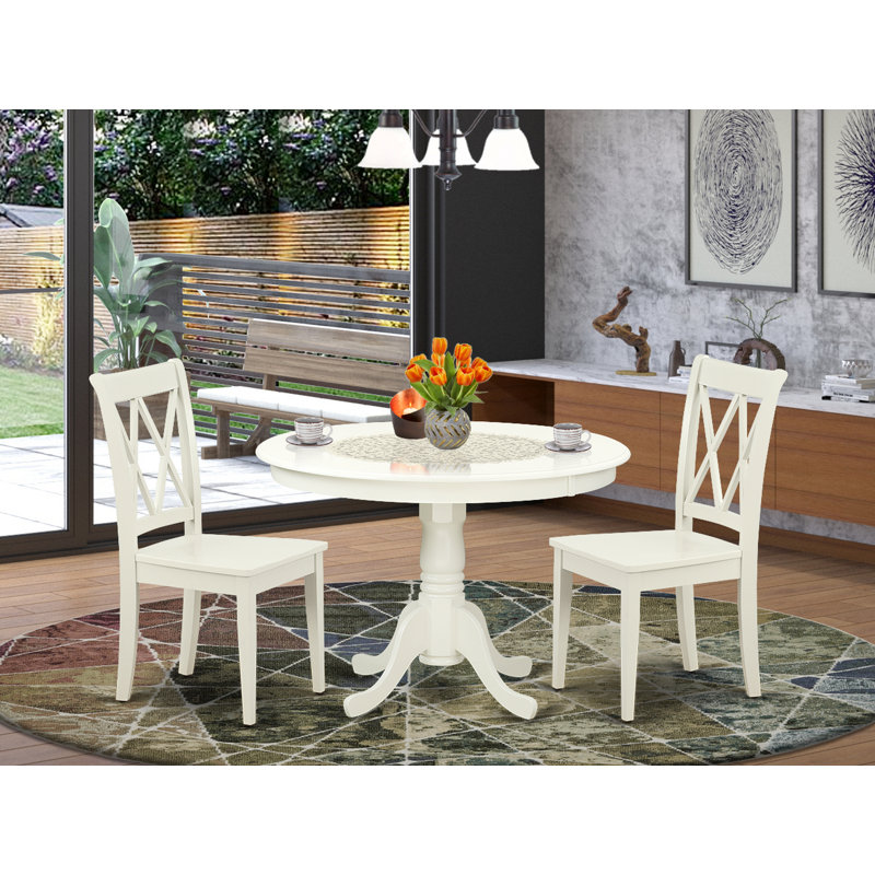 3 Piece Dining Table Set for Small Spaces Contains a Round Dining Room Table with Pedestal and 2 Wood Seat Chairs, Linen White