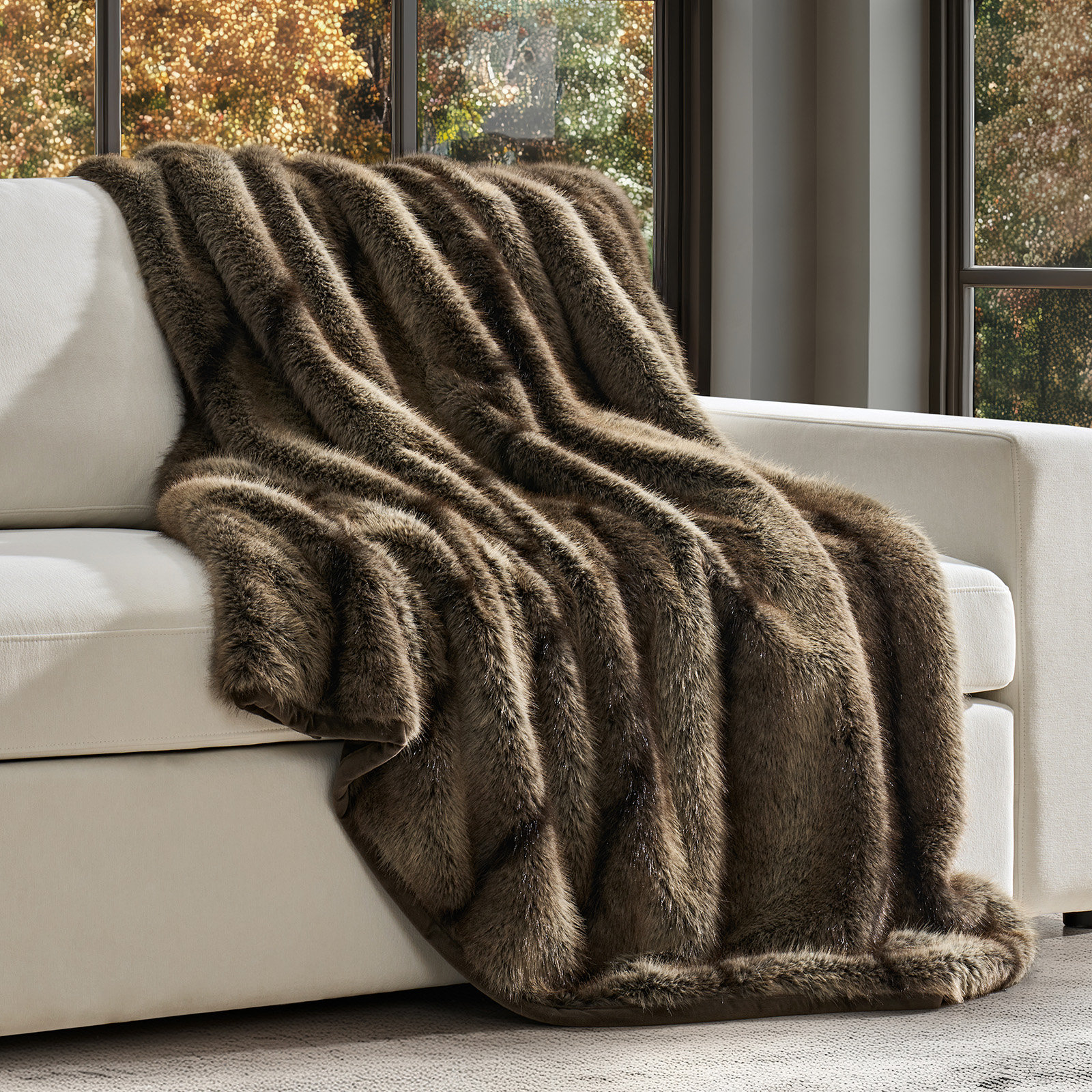 Luxe Faux Fur Throw Blanket, Ombré Sable Brown Ombre/Striped, Throw