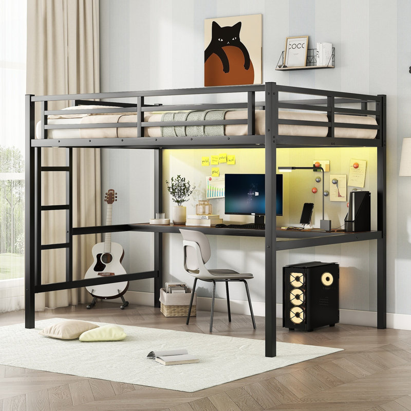 Metal  Loft Bed  with Power Outlet and LED Lighted, Space-Saving, Noise Reduced, Black, Full XL