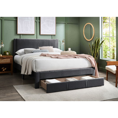 Grand lit contemporain avec tête de lit en velours côtelé et tiroir sous le lit, velours côtelé couleur gris anthracite