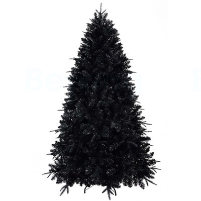 7ft Black Christmas Tree with 450 White LED Lights, 1916 Tips PE+PVC Artificial Tree for Halloween & Holiday Decor, Hinged Structure with Stable Metal Stand