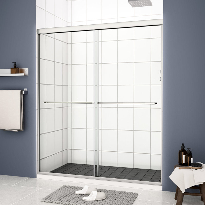 56 - porte de douche de contournement de 60 po x 70 po, verre trempé de 1/4 po, porte coulissante avec rouleau d'essai ouvert et fermé de longue durée de 70 po, finition polie, performance stable
