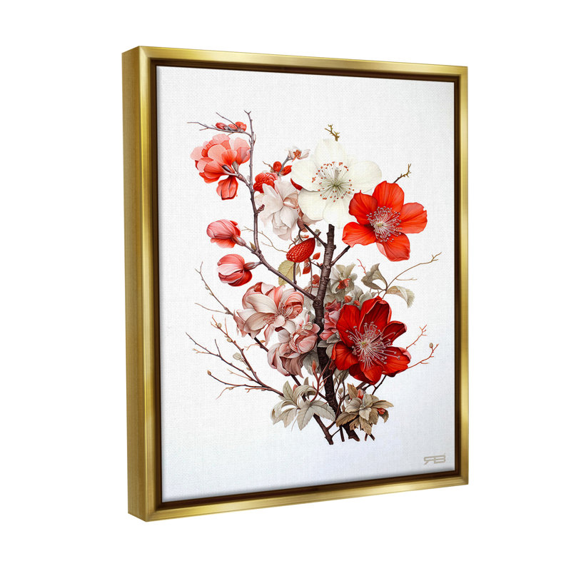 "Red Flower Branches" par RB sur toile, H 21 po x l 17 po, Cadre flottant métallique doré