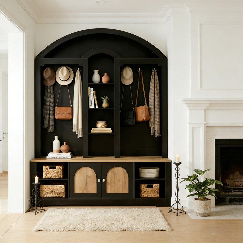 Entryway Storage Bench Hall Tree With Curved Design, Shoe Cabinets, Hooks, And Open Shelves, Black