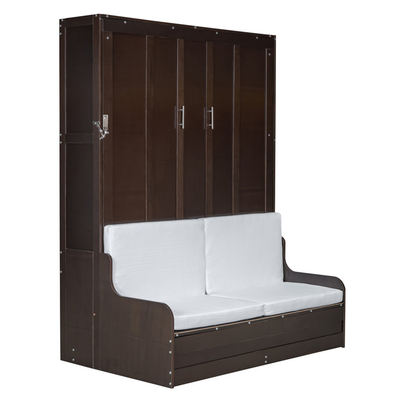 Queen Size Murphy Wall Bed with Upholstered Cushion — Space-Saving Espresso Bed Frame